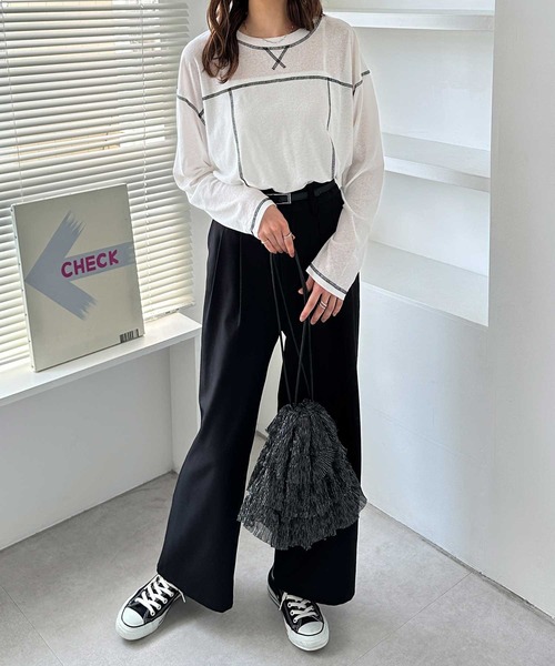 GeeRA(ジーラ)の「配色ステッチスラブシアーカットソー(Tシャツ/カットソー・レディース・ブラック/オフホワイト/チャコールグレー・MEDIUM/LARGE)」の6枚目の写真