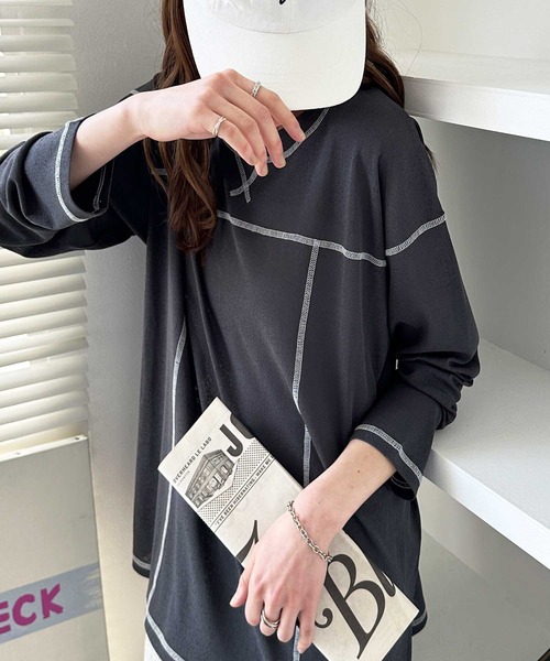 GeeRA(ジーラ)の「配色ステッチスラブシアーカットソー(Tシャツ/カットソー・レディース・ブラック/オフホワイト/チャコールグレー・MEDIUM/LARGE)」の12枚目の写真
