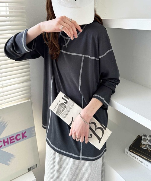 GeeRA(ジーラ)の「配色ステッチスラブシアーカットソー(Tシャツ/カットソー・レディース・ブラック/オフホワイト/チャコールグレー・MEDIUM/LARGE)」の13枚目の写真
