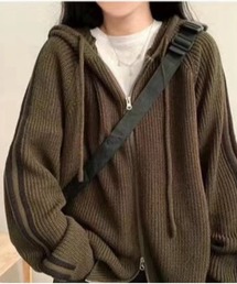 DIAVEL（ディアベル）の「袖ライン入りニットカーディガン/クルートラックニットフード付パーカー（ニット/セーター）」