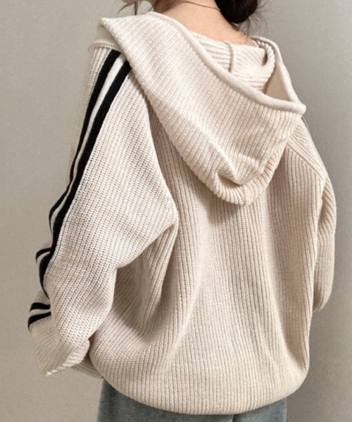 セール】袖ライン入りニットカーディガン/クルートラックニットフード