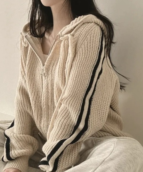 セール】袖ライン入りニットカーディガン/クルートラックニットフード