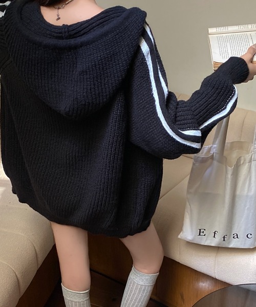 セール】袖ライン入りニットカーディガン/クルートラックニットフード