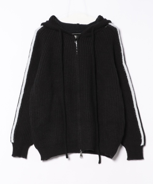 セール】袖ライン入りニットカーディガン/クルートラックニットフード