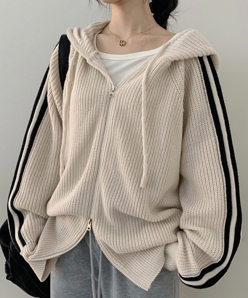 【新品・未使用】DIESELフード付きニットパーカー　カーディガン セール】袖ライン入りニットカーディガン/クルートラックニットフード