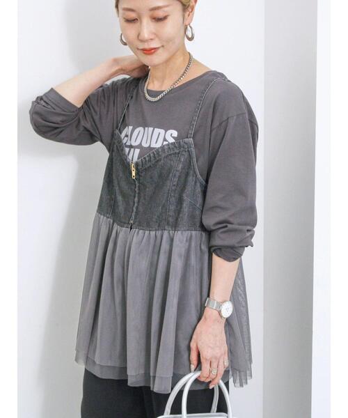 Samansa Mos2 blue（サマンサモスモスブルー）の「【ECO DENIM】チュール切替キャミビスチェ（シャツ/ブラウス・レディース・チャコールグレー/ブラック/キナリ・F）」の8枚目の写真