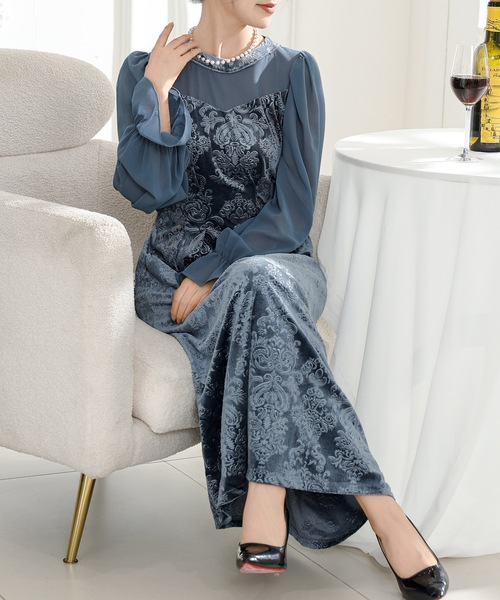 Lace Ladies ダマスク柄シフォンドッキングワンピース ブラックFREE レースレディース Lace Ladies ダマスク柄 シフォン ドッキング