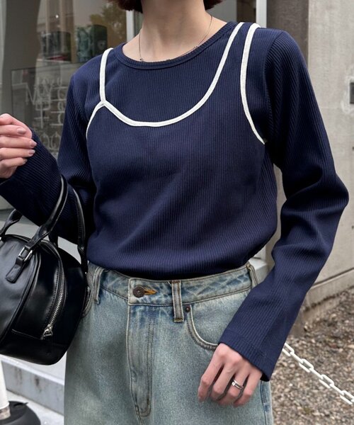 CIAOPANIC TYPY（チャオパニックティピー）の「リブアシメキャミレイヤードトップス（Tシャツ/カットソー・レディース・グレー/アイボリー/ブラック/ネイビー/サックスブルー・ONE SIZE）」の5枚目の写真