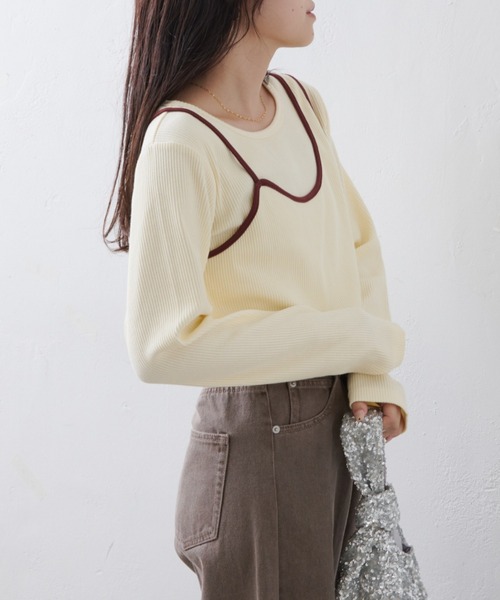 CIAOPANIC TYPY（チャオパニックティピー）の「リブアシメキャミレイヤードトップス（Tシャツ/カットソー・レディース・グレー/アイボリー/ブラック/ネイビー/サックスブルー・ONE SIZE）」の9枚目の写真