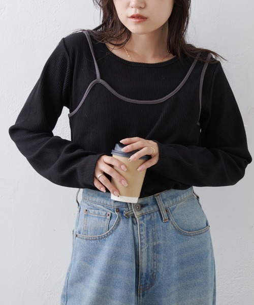 CIAOPANIC TYPY（チャオパニックティピー）の「リブアシメキャミレイヤードトップス（Tシャツ/カットソー・レディース・グレー/アイボリー/ブラック/ネイビー/サックスブルー・ONE SIZE）」の14枚目の写真