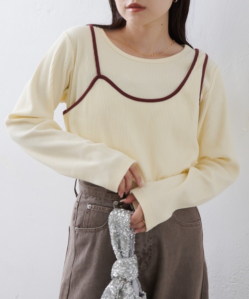 CIAOPANIC TYPY（チャオパニックティピー）の「リブアシメキャミレイヤードトップス（Tシャツ/カットソー・レディース・グレー/アイボリー/ブラック/ネイビー/サックスブルー・ONE SIZE）」の6枚目の写真