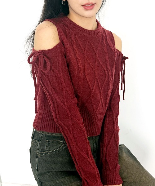 レディース ニット 赤 セール】肩開きリボンニット レディース 秋（ニット/セーター