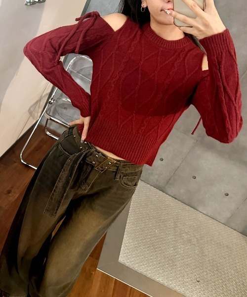 セール】肩開きリボンニット レディース 秋（ニット/セーター