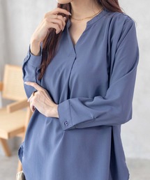 【シワになりにくい】 NAVY スキッパー7分袖プルオーバー シャツ