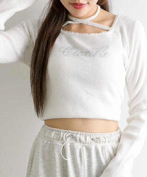 【未使用タグ付】　OHGA レースニット ホワイト OLIVE des OLIVE（オリーブデオリーブ）の「キラキラロゴのレース