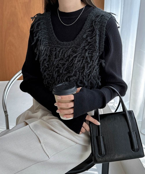 LGB 黒リブ編みニットベスト ループツイスト編みニットベスト（ニット/セーター）｜andme