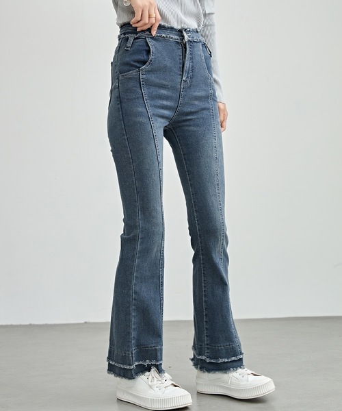 Gienge ハイウエストフレアデニム ハイウエストSIDE BELT CUTデザインフレアデニムパンツ[品番