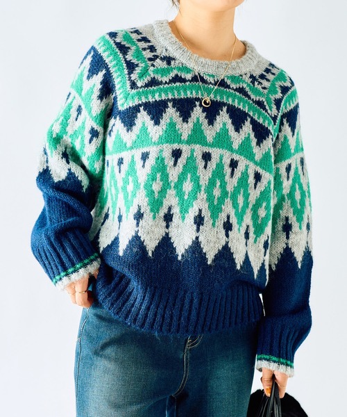 un dix cors(アンディコール)の「《WEB限定》起毛求心ジャガードニット(ニット/セーター・レディース・ブラウン/グリーン・FREE)」の1枚目の写真