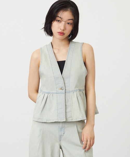 SOMETHING ペプラム　デニムビスチェ　トップス　ブルー SOMETHING（サムシング） ペプラムデニムビスチェ レディース