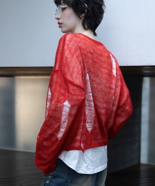 VACANCY(ヴァカンシー)の「ダメージオーバーシアーニット/オーバーTシャツSet/ユニセックス(ニット/セーター・レディース・ブルー/オレンジ/チャコールグレー・FREE)」の12枚目の写真