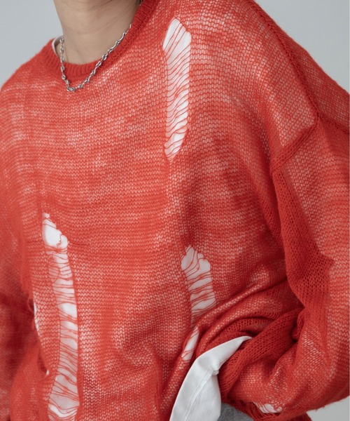 VACANCY(ヴァカンシー)の「ダメージオーバーシアーニット/オーバーTシャツSet/ユニセックス(ニット/セーター・レディース・ブルー/オレンジ/チャコールグレー・FREE)」の16枚目の写真