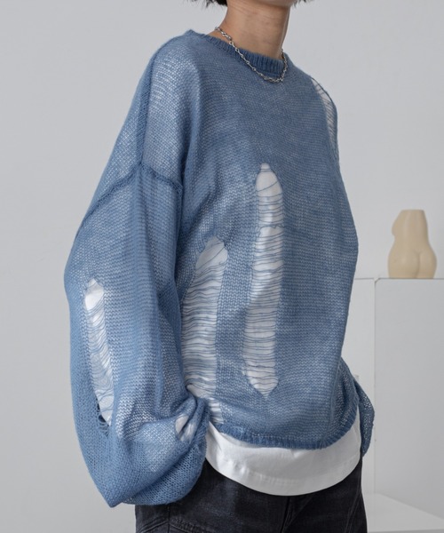 ダメージオーバーシアーニット/オーバーTシャツSet/ユニセックス