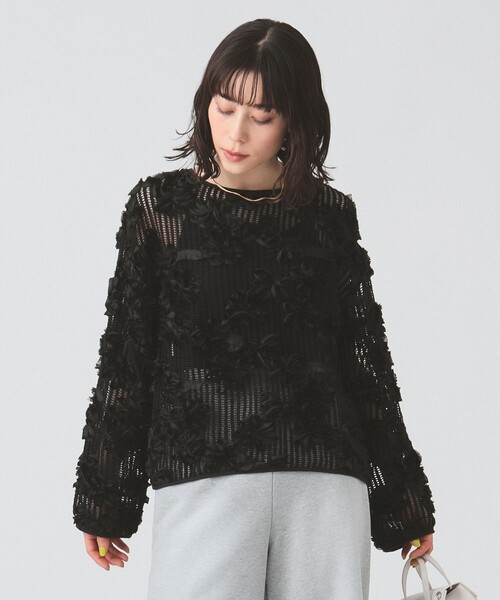 Ray BEAMS（レイビームス）の「メッシュ テープ シシュウ トップス（Tシャツ/カットソー・レディース・ホワイト系その他6/ブラック・ONE SIZE）」の9枚目の写真