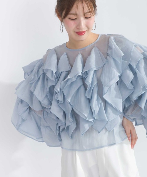 PICCIN PERLA(ピッチンペルラ)の「ラッフルシアーブラウス(シャツ/ブラウス・レディース・オフホワイト/ブラック/サックスブルー/キャメル/チャコールグレー・M)」の4枚目の写真