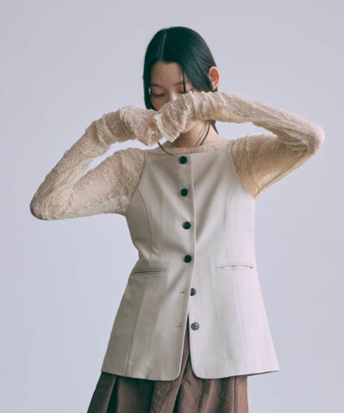 Tシャツ・カットソー ^LEATHERY^ Inside the Closet Knit IVORY LRKN3401IV セール】Cut Lace 2Way Shirred Pullover（Tシャツ/カットソー