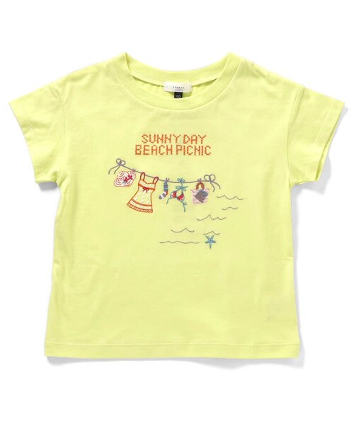 Seraph（セラフ）の「【ジュニア対応】リゾート刺繍半袖Tシャツ（Tシャツ/カットソー・キッズ・ピンク/レモンイエロー/オフホワイト/サックスブルー・80/90/100/110/120/130/140）」の4枚目の写真