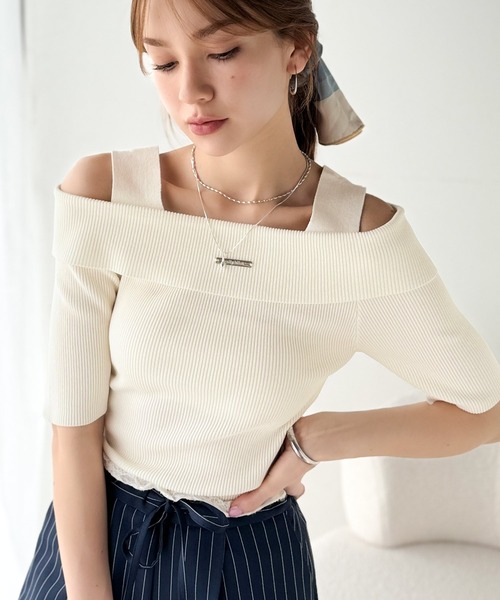 mily bilet(ミウィビレット)の「【mily bilet】あざと肌見せに”きゅんっ”。プレート使いオフショルニット(半袖)(ニット/セーター・レディース・オフホワイト/ホワイト系その他/ネイビー系・X-LARGE/LARGE/MEDIUM/SMALL)」の13枚目の写真
