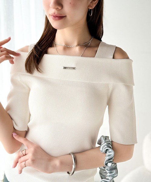 mily bilet(ミウィビレット)の「【mily bilet】あざと肌見せに”きゅんっ”。プレート使いオフショルニット(半袖)(ニット/セーター・レディース・オフホワイト/ホワイト系その他/ネイビー系・X-LARGE/LARGE/MEDIUM/SMALL)」の20枚目の写真