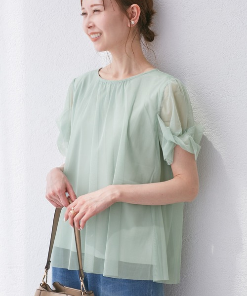 ROPE' PICNIC(ロペピクニック)の「Cutee チュールドッキングツイストスリーブトップス/リンクコーデ(Tシャツ/カットソー・レディース・ブラック/ライトグリーン/ホワイト/ブルー系その他4/ブルー系その他5・38)」の4枚目の写真