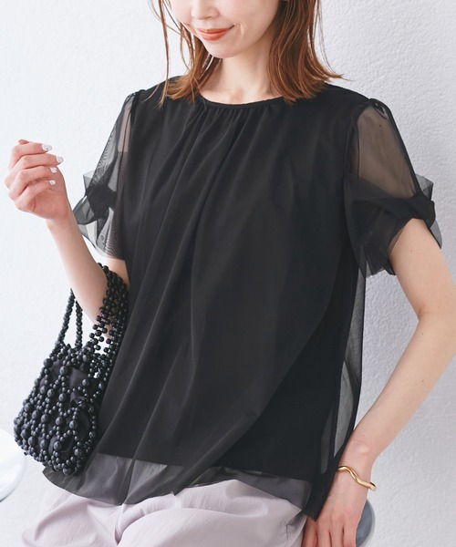 ROPE' PICNIC(ロペピクニック)の「Cutee チュールドッキングツイストスリーブトップス/リンクコーデ(Tシャツ/カットソー・レディース・ブラック/ライトグリーン/ホワイト/ブルー系その他4/ブルー系その他5・38)」の3枚目の写真