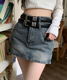 lilful | 【ベルト付き】ウォッシュ加工 ダブルベルトウエスト デニムAラインミニスカート セットアイテム(デニムスカート)