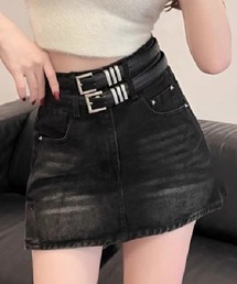 lilful（リルフル）の「【ベルト付き】ウォッシュ加工 ダブルベルトウエスト デニムAラインミニスカート セットアイテム（デニムスカート・レディース）」