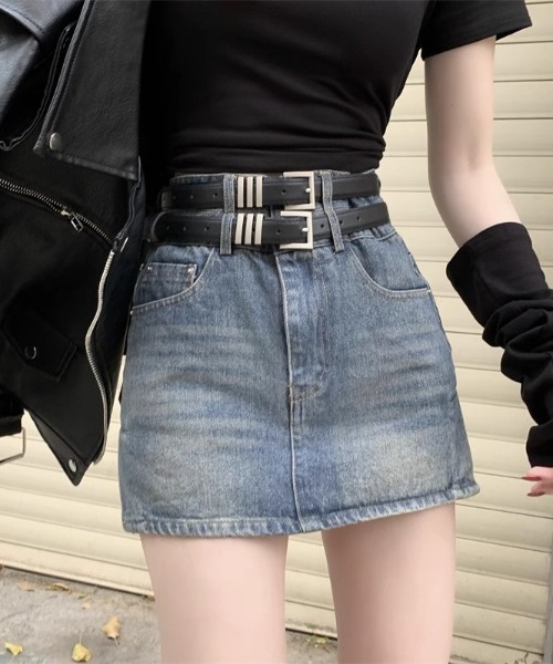 lilful(リルフル)の「【ベルト付き】ウォッシュ加工 ダブルベルトウエスト デニムAラインミニスカート セットアイテム(デニムスカート・レディース・ブルー/ブラック・S/M)」の14枚目の写真