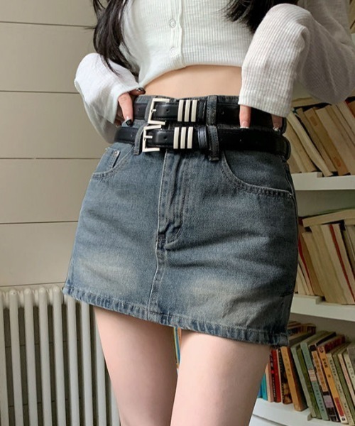 lilful(リルフル)の「【ベルト付き】ウォッシュ加工 ダブルベルトウエスト デニムAラインミニスカート セットアイテム(デニムスカート・レディース・ブルー/ブラック・S/M)」の19枚目の写真