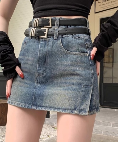 lilful(リルフル)の「【ベルト付き】ウォッシュ加工 ダブルベルトウエスト デニムAラインミニスカート セットアイテム(デニムスカート・レディース・ブルー/ブラック・S/M)」の13枚目の写真