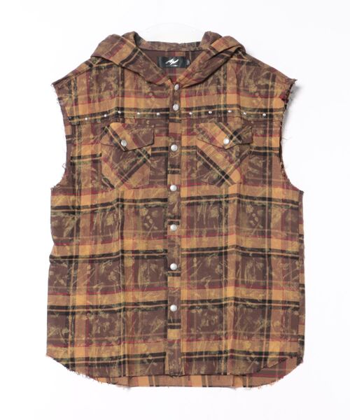 UNDERGROUND】ヴィンテージ加工 ブリーチ チェックシャツ ノースリーブ