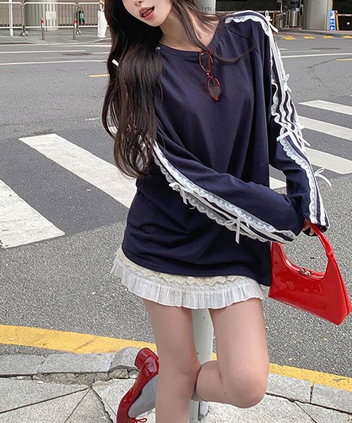 Asterellivi(アステレリビ)の「レース サイドライン リボン カットソー(Tシャツ/カットソー・レディース・ブラック/ネイビー・FREE)」の10枚目の写真