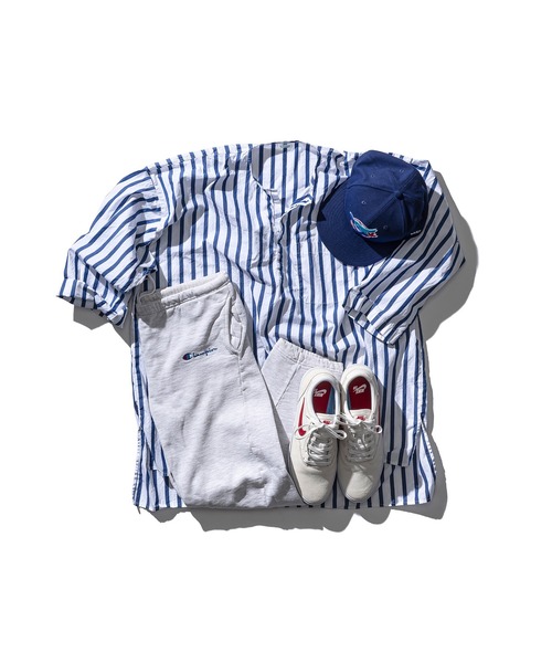 COTTON STRIPE SHIRT / crew neck Blue M — хлопковая полосатая рубашка, круглый вырез, синий, M