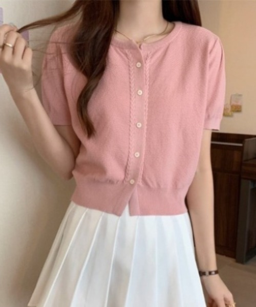 yuue' ( wear )（ユーイ）の「パフスリーブ半袖ニットカーディガン 羽織り/トップス（カーディガン/ボレロ・レディース・ブラック/ホワイト/ピンク/ベージュ・FREE）」の4枚目の写真