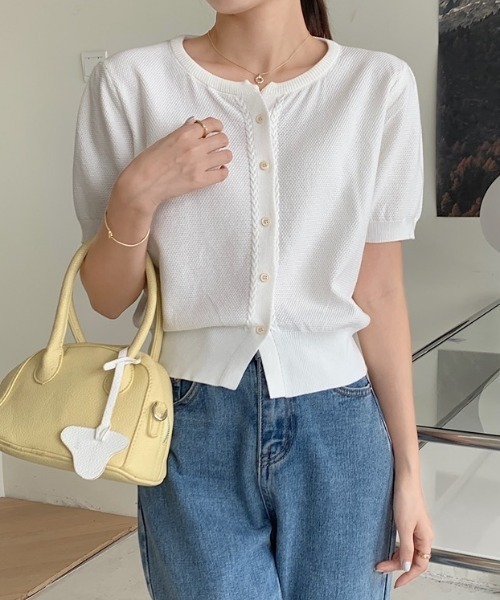 セール】パフスリーブ半袖ニットカーディガン 羽織り/トップス