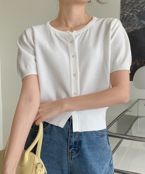 セール】パフスリーブ半袖ニットカーディガン 羽織り/トップス