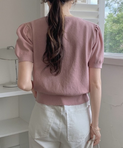yuue' ( wear )（ユーイ）の「パフスリーブ半袖ニットカーディガン 羽織り/トップス（カーディガン/ボレロ・レディース・ブラック/ホワイト/ピンク/ベージュ・FREE）」の8枚目の写真
