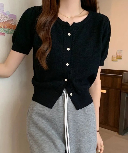 セール】パフスリーブ半袖ニットカーディガン 羽織り/トップス