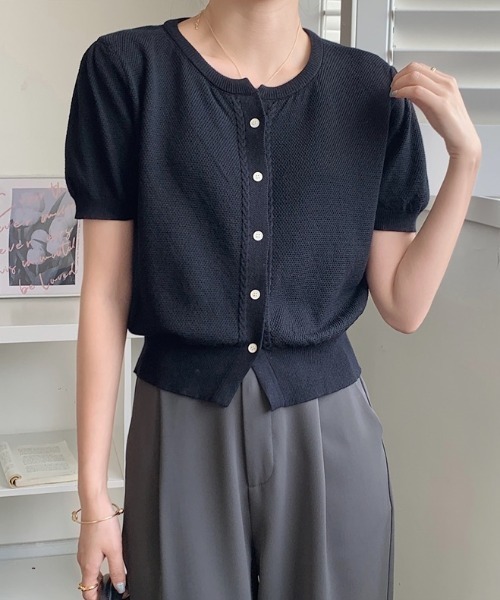 yuue' ( wear )（ユーイ）の「パフスリーブ半袖ニットカーディガン 羽織り/トップス（カーディガン/ボレロ・レディース・ブラック/ホワイト/ピンク/ベージュ・FREE）」の16枚目の写真