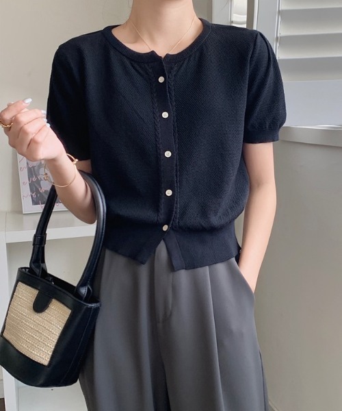 yuue' ( wear )（ユーイ）の「パフスリーブ半袖ニットカーディガン 羽織り/トップス（カーディガン/ボレロ・レディース・ブラック/ホワイト/ピンク/ベージュ・FREE）」の17枚目の写真