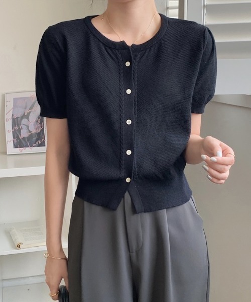 yuue' ( wear )（ユーイ）の「パフスリーブ半袖ニットカーディガン 羽織り/トップス（カーディガン/ボレロ・レディース・ブラック/ホワイト/ピンク/ベージュ・FREE）」の18枚目の写真